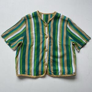 Vtg 60s Green Striped Rayon Button Up Cropped Shirt / JANIS LEE Sz 18 Retro Mod